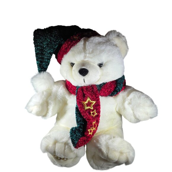 Main Joy Limited Other - White 2001 Holiday Teddy Bear With Green Red Hat Scarf Stuffed Plush Toy kmart